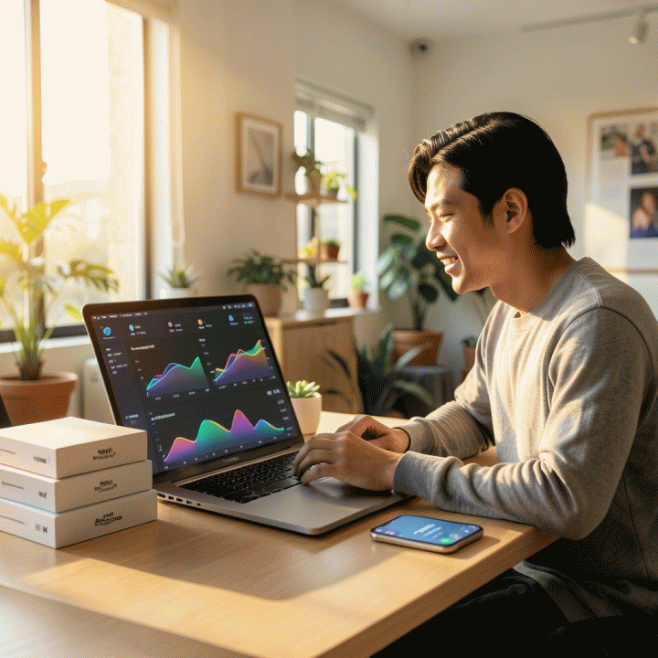 Seorang pengusaha muda Indonesia yang sedang bekerja di meja modern, di depan laptop yang menampilkan dashboard analitik e-commerce dan produk-produk yang siap dijual, melambangkan awal sukses bisnis online di Shopee.