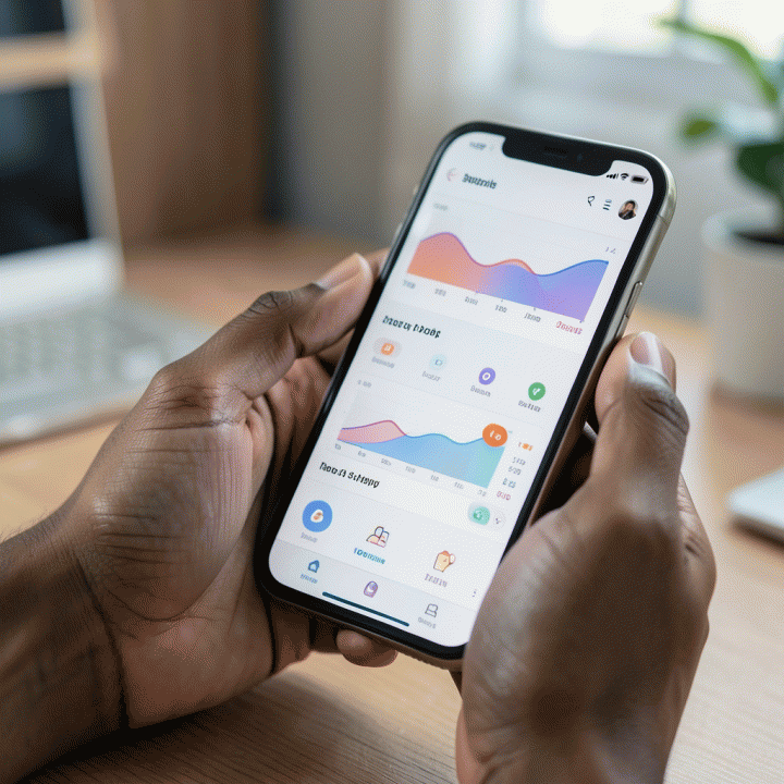 Tangan seseorang yang sedang mengoptimalkan toko online melalui aplikasi di smartphone, fokus pada dashboard abstrak.