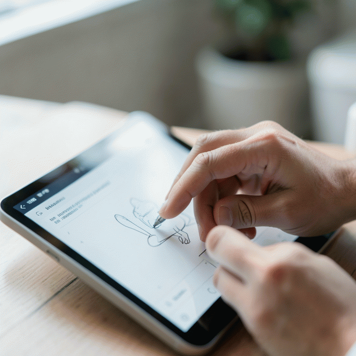 Tangan seseorang berinteraksi dengan tablet digital, menunjukkan kemudahan dalam mencatat pikiran.