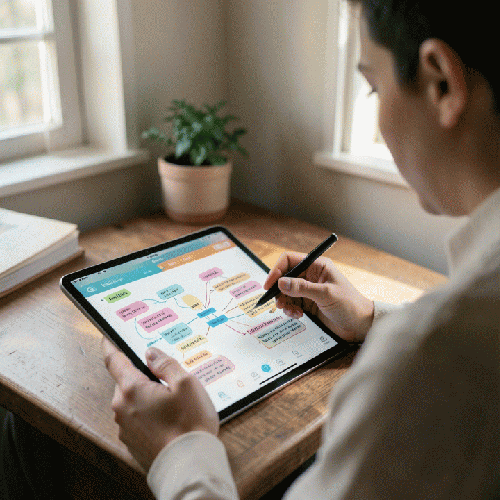 Seorang individu sedang menulis refleksi diri di tablet digital di sudut yang nyaman, dengan antarmuka aplikasi yang menampilkan catatan dan peta pikiran yang rapi dan berwarna-warni.