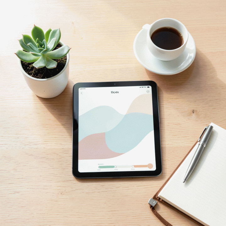 Komposisi flat lay minimalis di atas meja kayu yang menampilkan tablet digital, tanaman sukulen, cangkir kopi, dan alat tulis, melambangkan ritual refleksi diri.