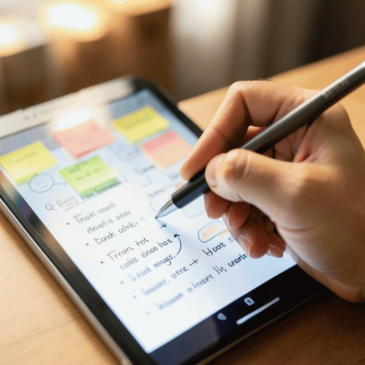 Pandangan dekat tangan yang sedang menulis catatan reflektif di layar tablet digital, menunjukkan proses penangkapan ide yang kreatif.