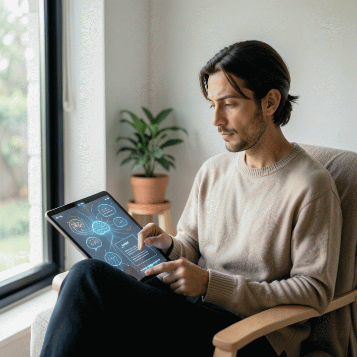 Seseorang yang sedang merenung di sudut ruangan yang nyaman, berinteraksi dengan antarmuka jurnal digital AI di tablet, menciptakan suasana damai dan pemikiran yang terstruktur.