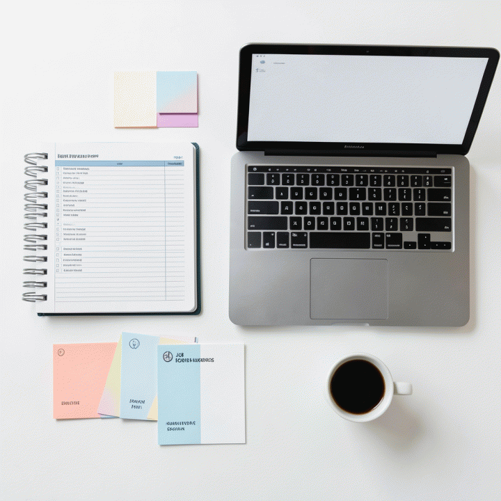 Komposisi flat lay dari alat bantu pencari kerja yang terorganisir, termasuk buku catatan berisi daftar periksa, kartu indeks, dan laptop yang menunjukkan perencanaan karir.
