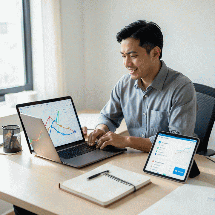 Seorang pencari kerja profesional yang fokus dan terorganisir di meja kerja modern, dikelilingi oleh alat bantu digital dan fisik untuk melacak kemajuan karir dan lamaran pekerjaan.