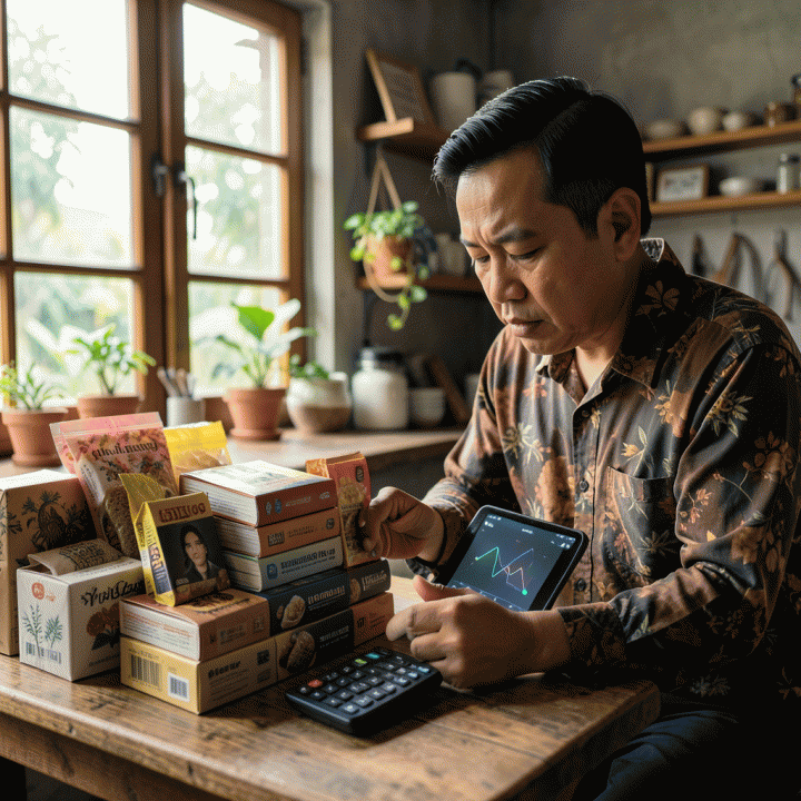 Pemilik UMKM Indonesia sedang menganalisis produk dan data di perangkat digital, melambangkan penentuan harga jual optimal dan perencanaan keuangan bisnis.