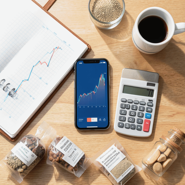 Tampilan datar (flat lay) alat-alat keuangan dan bahan baku yang digunakan untuk menghitung HPP dan menentukan strategi harga jual.