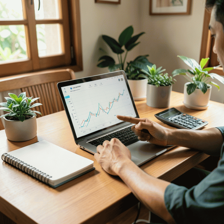 Seorang pemilik UMKM di kantor rumah yang nyaman sedang menganalisis grafik keuangan di laptop untuk menentukan harga jual optimal.