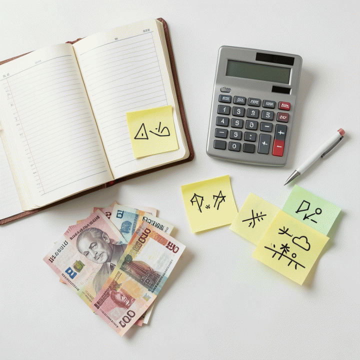 Tampilan datar berbagai alat keuangan seperti buku besar, kalkulator, dan uang tunai, menunjukkan perencanaan strategi harga.