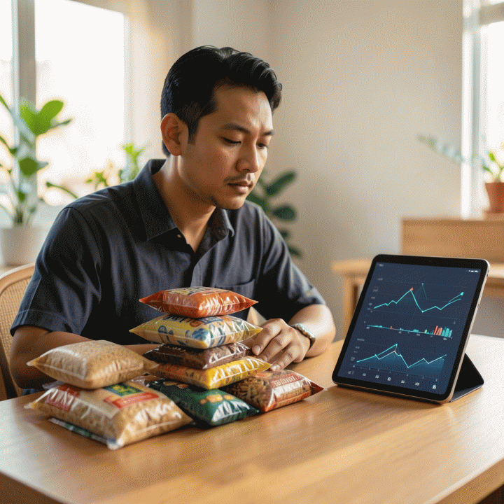 Pemilik UMKM yang sedang menganalisis data keuangan dan produknya di meja kerja yang rapi, menunjukkan proses perencanaan harga jual yang matang.