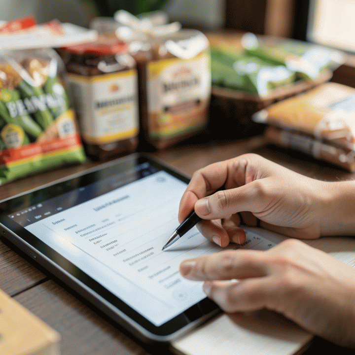 Tangan yang sedang menghitung atau menganalisis data keuangan pada kalkulator atau tablet untuk menentukan harga jual yang akurat.