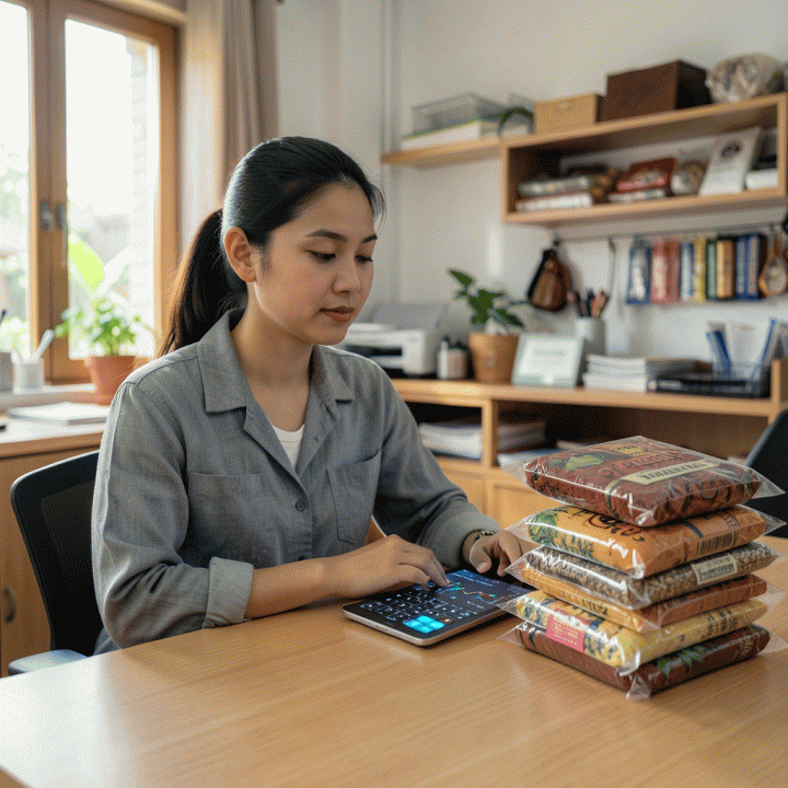Seorang pemilik UMKM Indonesia yang fokus menghitung keuangan di meja kerja yang rapi, menunjukkan proses penentuan harga jual optimal.