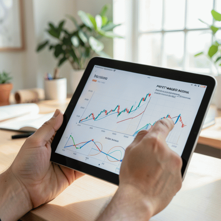 Tangan menganalisis grafik keuangan di tablet untuk menentukan margin keuntungan.