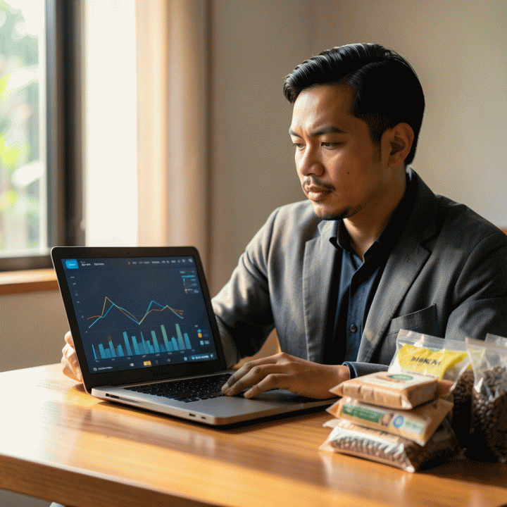 Seorang pemilik UMKM Indonesia sedang menganalisis data keuangan di laptop, di samping produk-produk kerajinan tangan mereka, menunjukkan fokus pada perhitungan harga jual optimal.