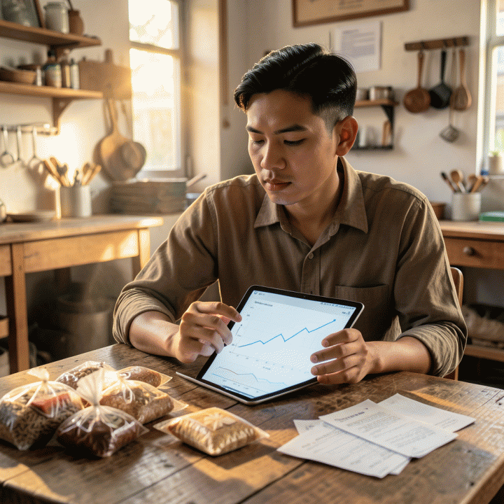 Pemilik bisnis UMKM Indonesia sedang menganalisis data keuangan dan menghitung harga jual produk di atas tablet digital, menunjukkan proses penentuan profit margin.