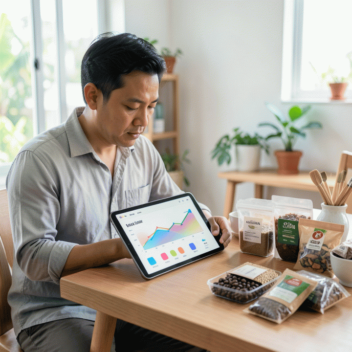 Seorang pemilik UMKM Indonesia sedang fokus meninjau visualisasi data keuangan yang menunjukkan peningkatan profit di sebuah meja kerja yang rapi, melambangkan penentuan harga jual yang optimal.