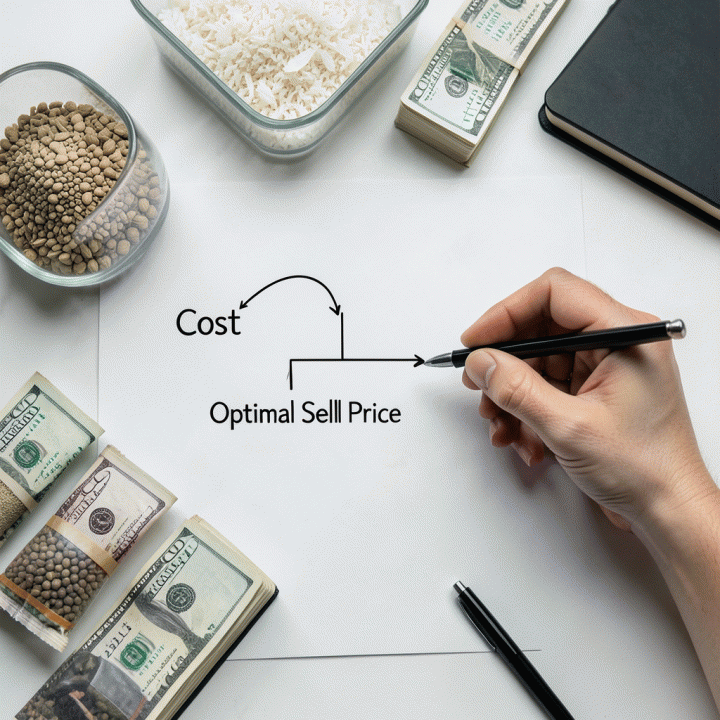 Komposisi flat lay yang menunjukkan proses strategis menentukan harga jual optimal menggunakan alat hitung dan materi bisnis.