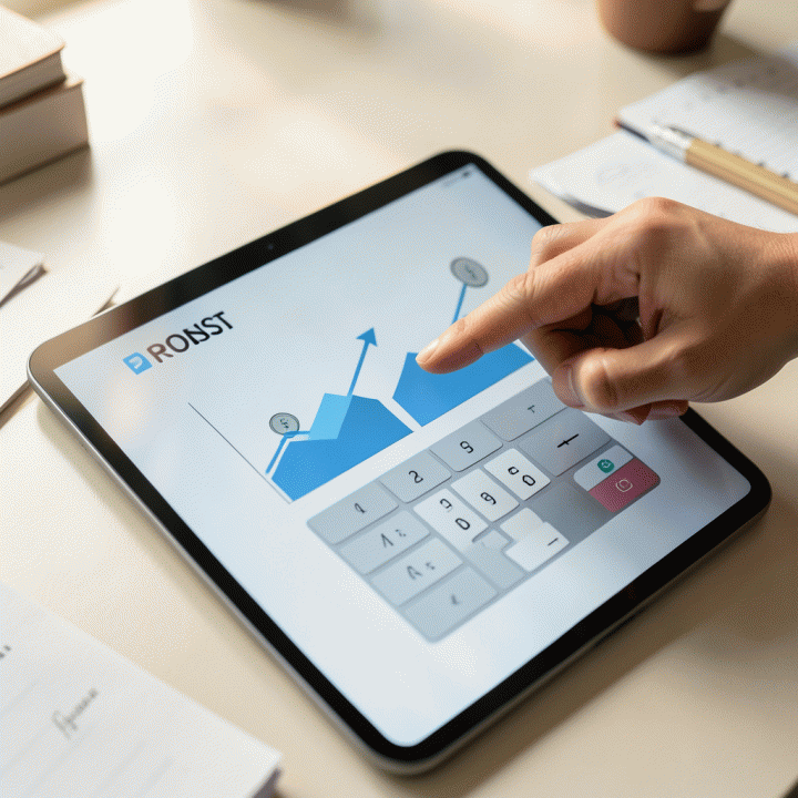 Tangan menunjuk ke antarmuka kalkulator digital di tablet yang menunjukkan perhitungan biaya dan profit secara visual, melambangkan perhitungan HPP.