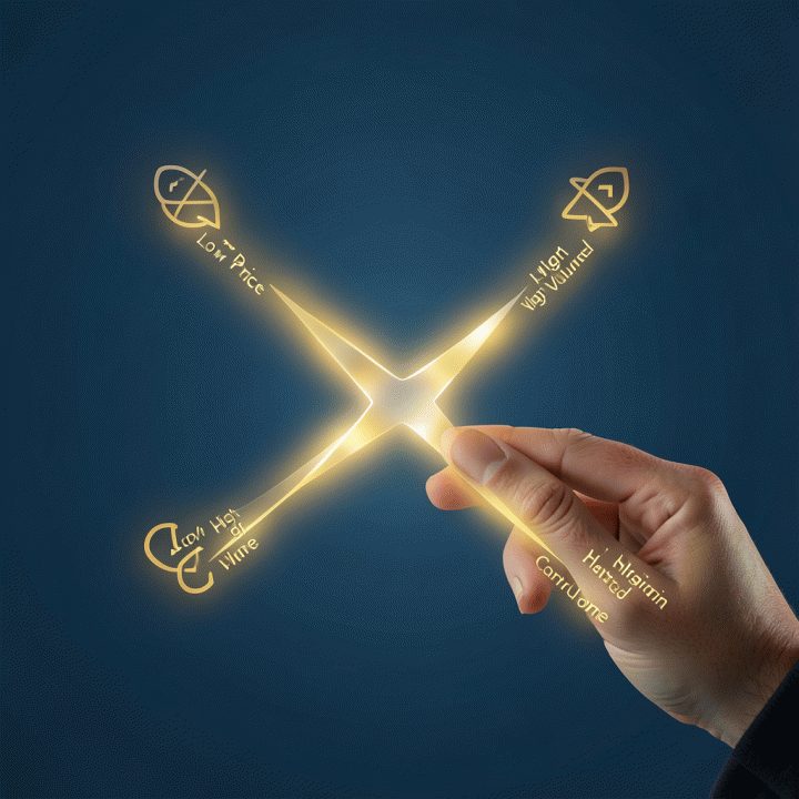 Ilustrasi konseptual penentuan strategi harga jual antara volume tinggi dan margin tinggi, menunjukkan pengambilan keputusan bisnis yang strategis.