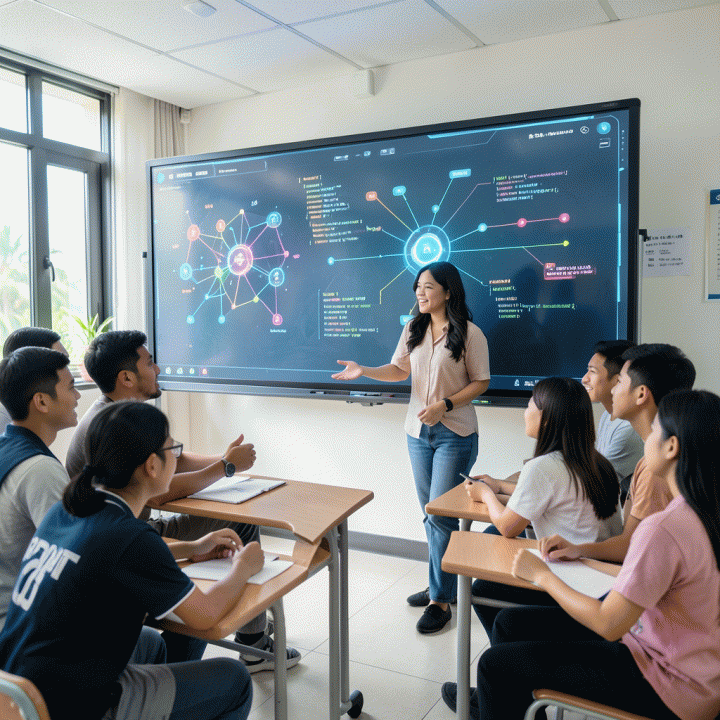 Guru dan siswa Indonesia berkolaborasi di kelas modern, berinteraksi dengan papan tulis digital futuristik yang menampilkan konsep AI dan coding, menunjukkan suasana pembelajaran yang interaktif dan bersemangat.