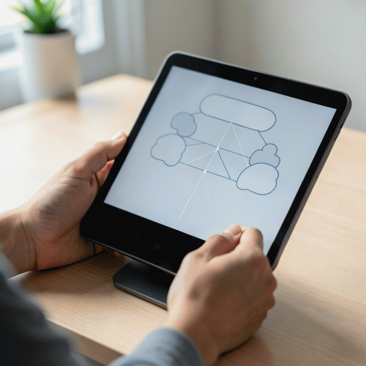 Tangan guru menggunakan tablet modern untuk menyusun rencana pembelajaran (lesson plan) yang terstruktur dan efisien menggunakan alat digital.