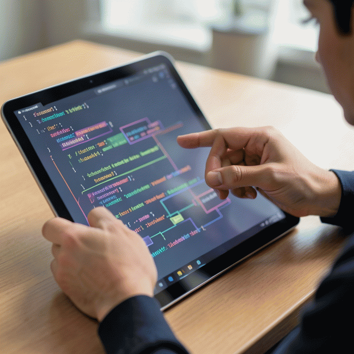 Tangan guru dan siswa berinteraksi dengan tablet yang menampilkan blok kode abstrak, melambangkan pembelajaran coding kolaboratif.