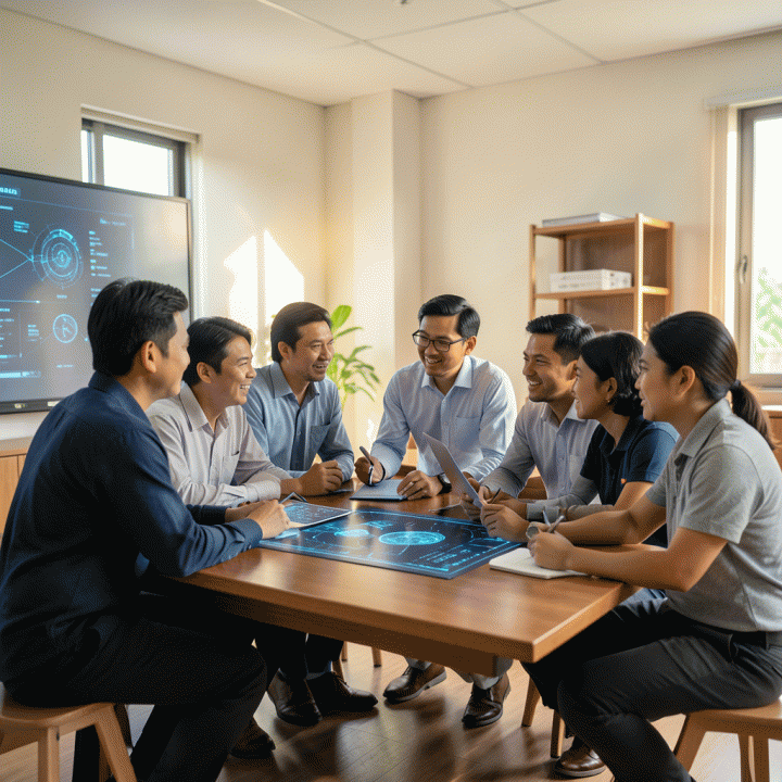Guru-guru Indonesia berkolaborasi di kelas modern, membahas integrasi AI dalam proses pengajaran yang etis dan efektif.