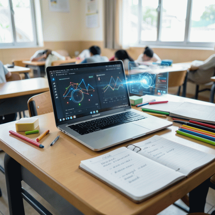 Meja guru yang terorganisir dengan laptop dan alat bantu digital, menunjukkan efisiensi penggunaan AI dalam penyusunan materi ajar.