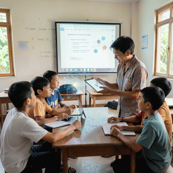 Guru mengajar interaktif dengan bantuan teknologi digital, menunjukkan praktik pengajaran AI yang menyenangkan dan relevan.