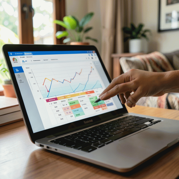 Tangan yang sedang mengimpor data transaksi keuangan ke dalam spreadsheet di laptop, menunjukkan proses manajemen data yang mudah.