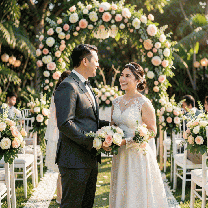Ilustrasi pasangan pengantin yang sedang merencanakan pernikahan dengan visualisasi anggaran keuangan yang terorganisir.