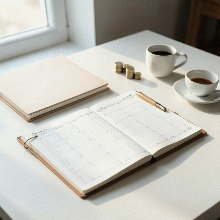 Meja kerja yang minimalis dan terorganisir dengan alat perencanaan keuangan pribadi, seperti buku catatan dan anggaran, di bawah cahaya pagi yang lembut.