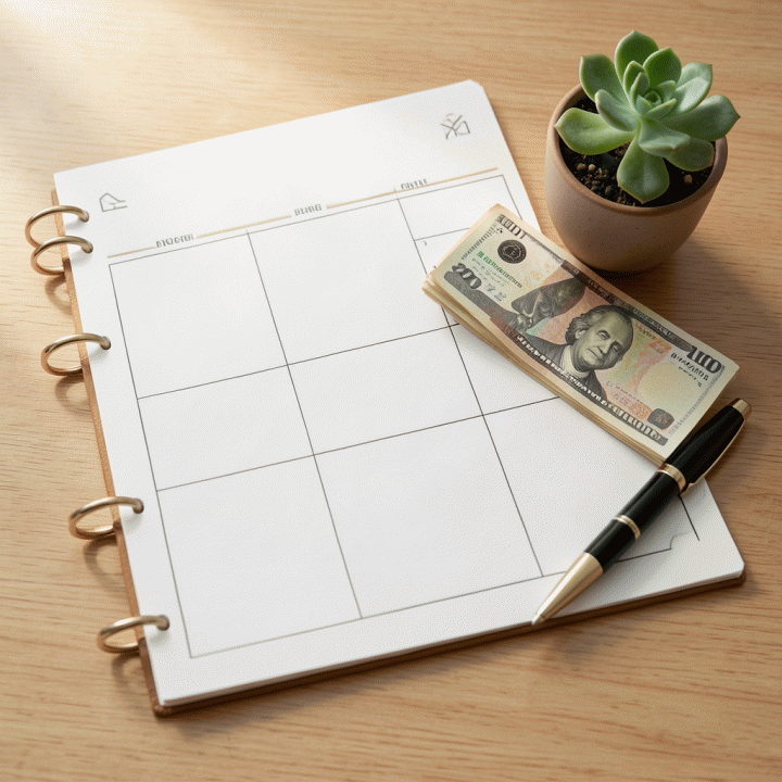 Tata letak datar (flat lay) dari alat-alat perencanaan keuangan, termasuk template anggaran yang rapi, uang tunai, dan tanaman hias, melambangkan perencanaan finansial yang terstruktur.