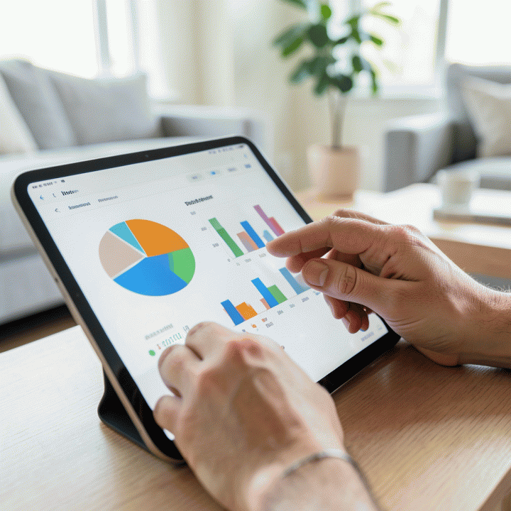 Tangan yang sedang meninjau grafik anggaran keuangan yang abstrak dan berwarna-warni pada layar tablet, menunjukkan pelacakan pengeluaran.