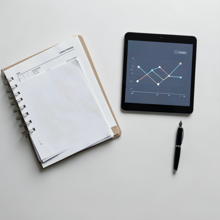 Tampilan atas meja kerja yang rapi, menunjukkan perencanaan karir yang terstruktur, termasuk planner dan visualisasi linimasa karir di tablet.