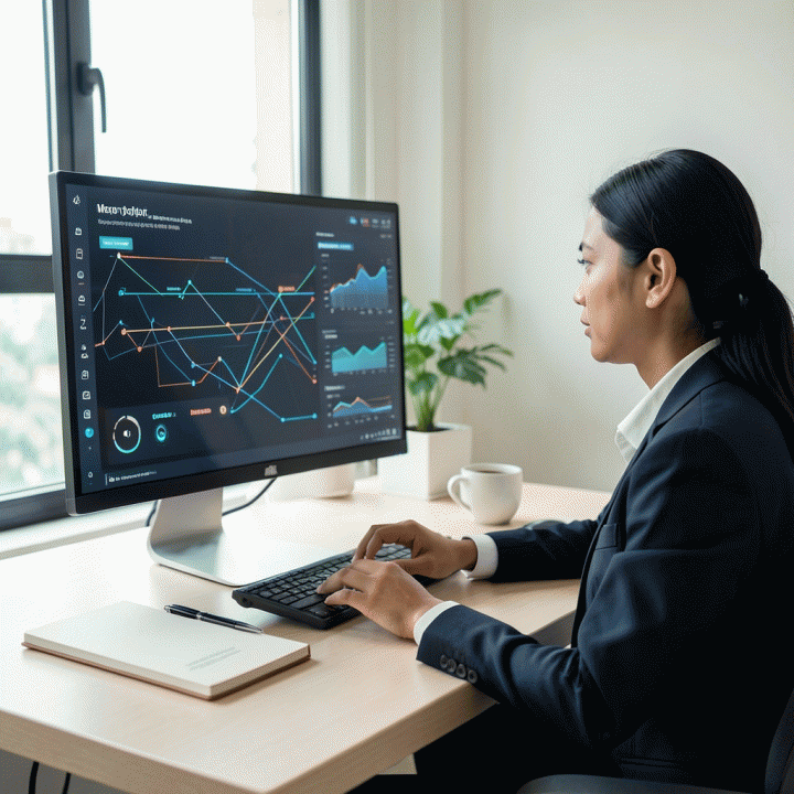 Seorang profesional muda Indonesia yang fokus mengelola data dan status lamaran kerja di dashboard digital yang terorganisir di meja kerja modern.