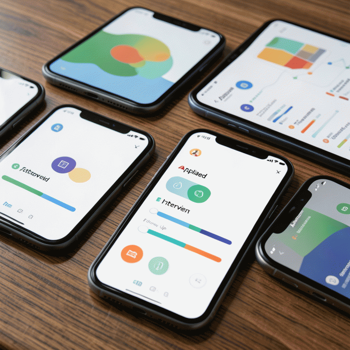 Berbagai layar gawai yang menunjukkan antarmuka abstrak untuk melacak status lamaran kerja dari berbagai platform berbeda.