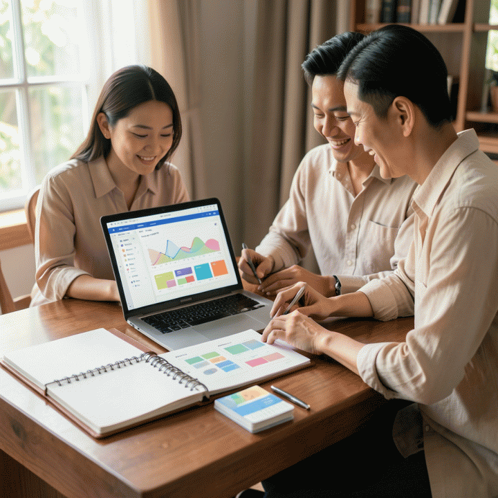 Meja perencanaan pernikahan yang rapi dan terorganisir, menampilkan planner, laptop dengan dashboard abstrak, dan alat bantu anggaran, melambangkan perencanaan pernikahan yang terkontrol dan bebas stres.