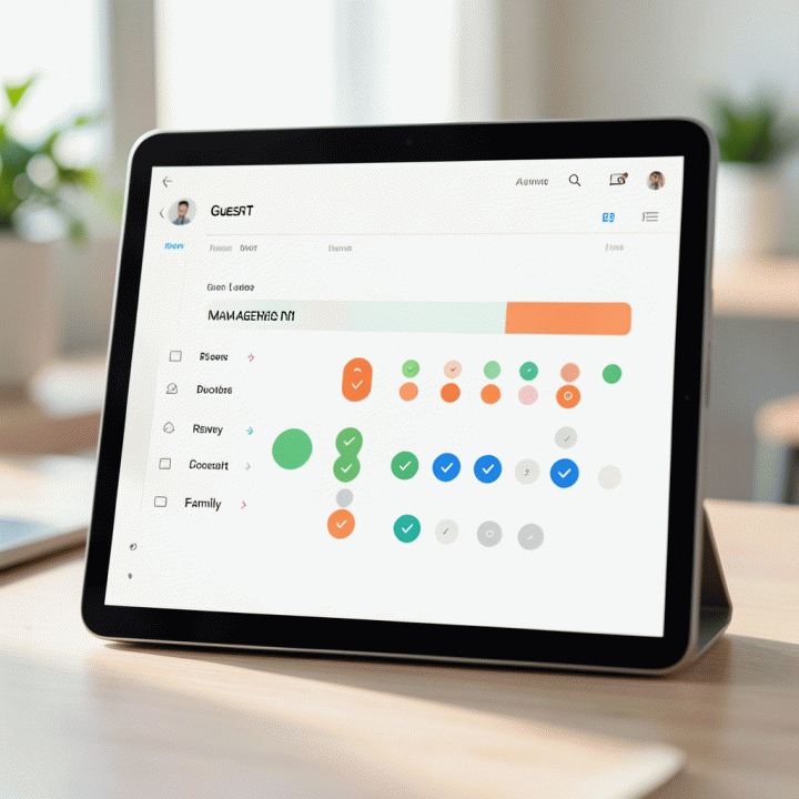 Tampilan dashboard manajemen data tamu di tablet, menunjukkan status RSVP dan kelompok tamu secara visual yang mudah dipahami.