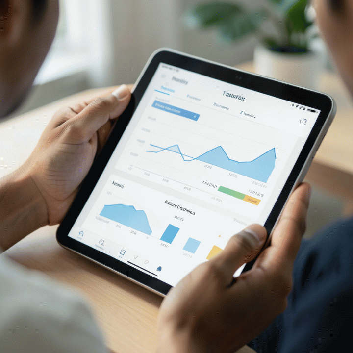 Tangan pasangan yang sedang meninjau dasbor keuangan pernikahan di tablet, menunjukkan kontrol budget yang terorganisir.