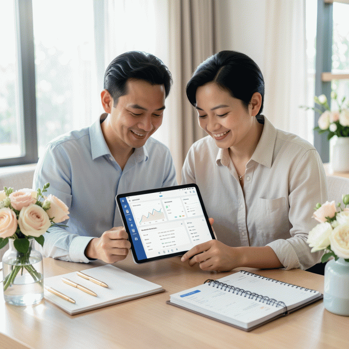 Sepasang calon pengantin Indonesia yang tersenyum lega di meja kerja yang elegan, menatap tablet yang menampilkan dasbor perencanaan pernikahan yang rapi dan terorganisir, melambangkan manajemen budget dan data tamu yang mudah.