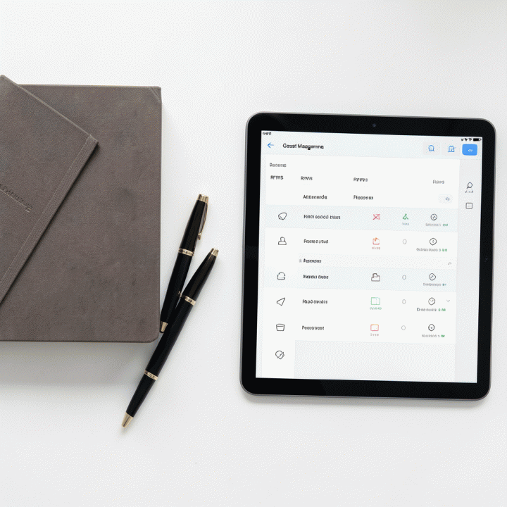 Tampilan datar (flat lay) dari jurnal dan tablet yang menampilkan manajemen data tamu yang terstruktur dan rapi.