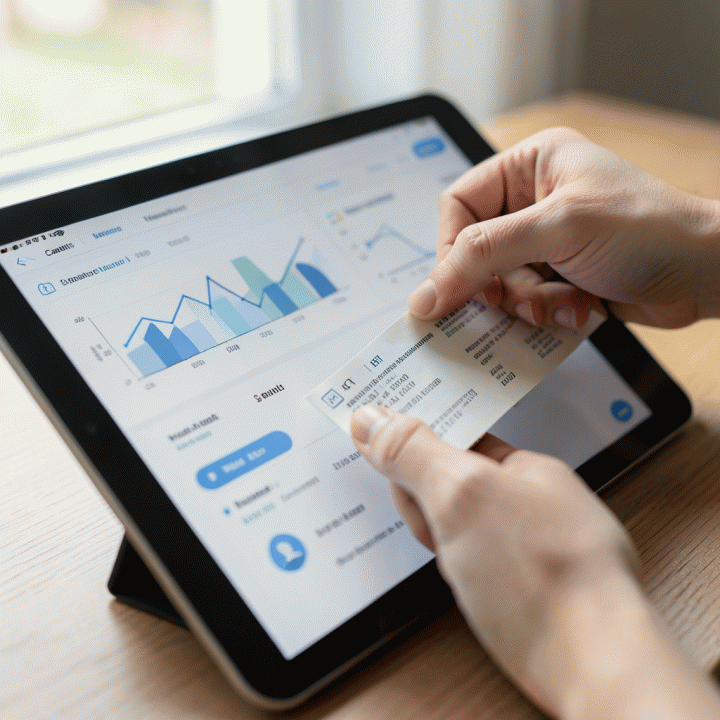 Tangan yang sedang mengelola dan mengkategorikan data keuangan dan struk digital di tablet, melambangkan pengawasan anggaran pernikahan.