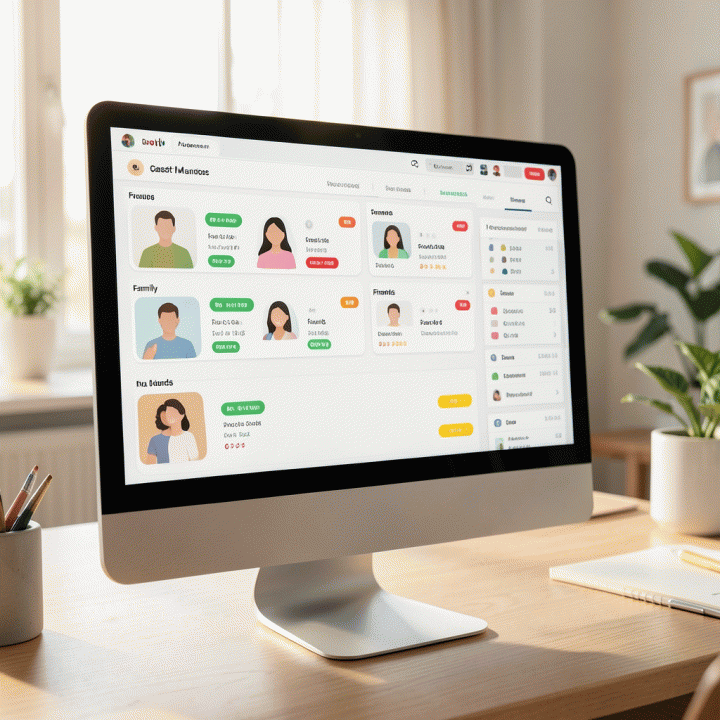 Visualisasi daftar tamu yang terorganisir dengan sistematis pada layar digital, menunjukkan status RSVP dan kategori tamu.