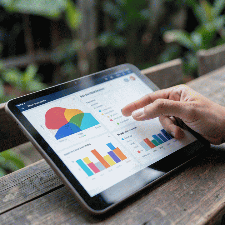 Tangan yang menggunakan tablet modern untuk melacak anggaran dan data tamu pernikahan secara terpusat dan mudah.