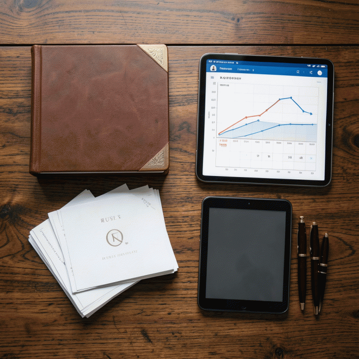 Komposisi flat lay yang terorganisir dari alat-alat perencanaan pernikahan, termasuk buku tamu, kartu RSVP, dan grafik anggaran di tablet, melambangkan manajemen data tamu yang komprehensif.