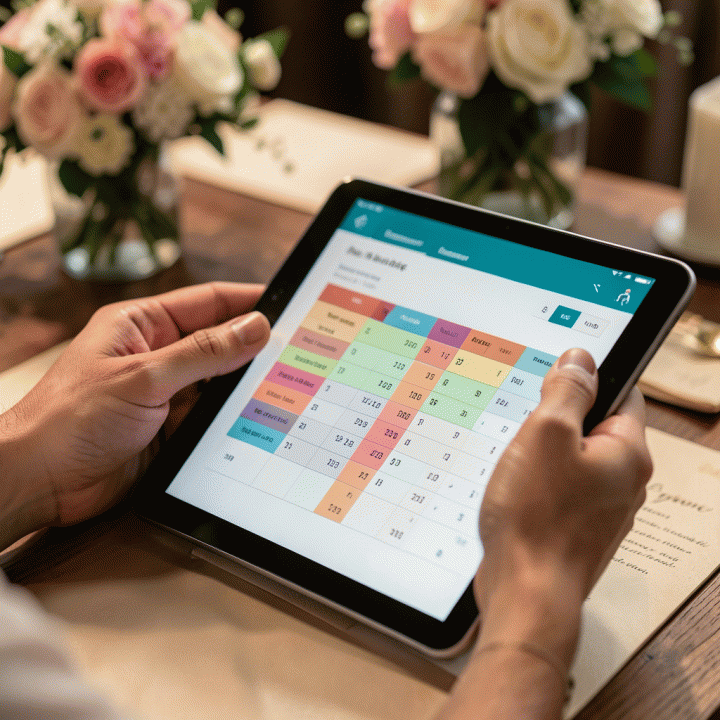 Tangan yang meninjau spreadsheet anggaran pernikahan yang terstruktur dan rapi di tablet, menunjukkan kontrol finansial yang baik.