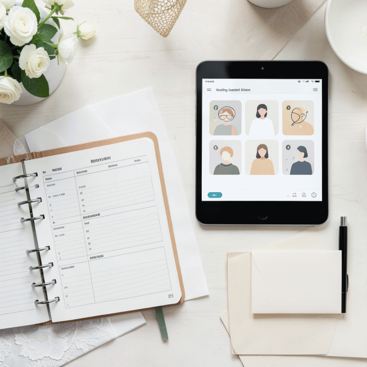 Tampilan atas (flat lay) meja yang menunjukkan alat-alat untuk mengelola data tamu pernikahan secara sistematis dan terorganisir.