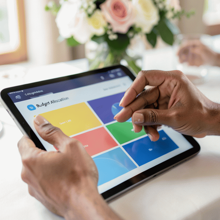 Tangan yang sedang menggunakan tablet digital untuk mengelola dan menyinkronkan data anggaran dan daftar tamu secara terpusat.