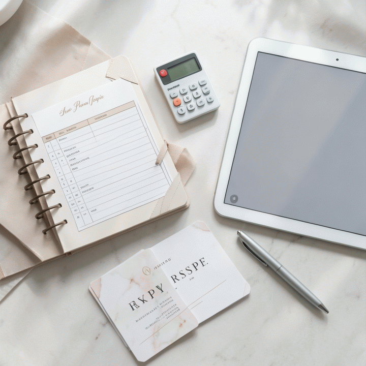 Tata letak (flat lay) alat-alat perencanaan pernikahan yang terorganisir, termasuk buku catatan, alat pelacak anggaran, dan kartu RSVP, menunjukkan perencanaan yang matang.